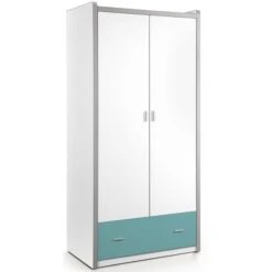Armoire 2 Portes 1 Tiroir Bois Blanc Et Turquoise Bonny