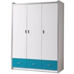 Armoire 3 Portes 3 Tiroirs Bois Blanc Et Turquoise Bonny