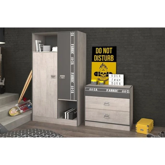 Armoire De Chambre Style Industriel Gris Loft Et Gris Ombre - L 101 Cm 4 Armoire De Chambre Style Industriel Gris Loft Et Gris Ombre - L 101 Cm – Image 2