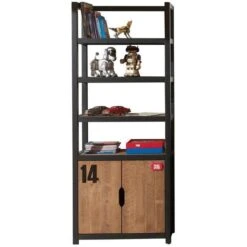 Bibliothèque 4 Niveaux 2 Portes Pin Massif Foncé Et Noir Alex