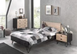 Chambre 3 Pièces Bois Massif Clair Et Gris Arna 120x200 Cm 2