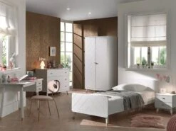 Chambre 3 Pièces Lit Chevet Et Armoire 2 Portes Bois Blanc Satiné Funy 90x200 Cm