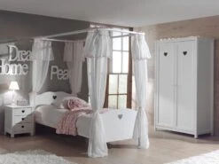 Chambre 5 Pièces Lit Baldaquin Sommier Voile Chevet Et Armoire 2 Portes Bois Laqué Blanc Cœur 90x200 Cm