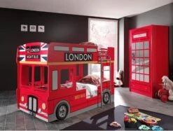 Chambre Enfant 2 Pièces Lit Superposé Bus 90x200 Cm Et Armoire Bois Laqué Rouge Londres