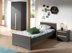 Chambre Enfant 3 Pièces Lit Chevet Et Armoire 2 Portes Bois Gris Anthracite London 90x200 Cm