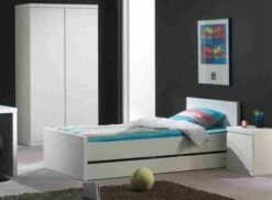 Chambre Enfant 3 Pièces Lit Chevet Et Armoire 2 Portes Bois Laqué Blanc Lara 90x200 Cm