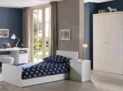 Chambre Enfant 3 Pièces Lit Chevet Et Armoire 2 Portes Bois Laqué Blanc Robin 90x200 Cm