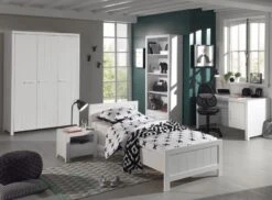 Chambre Enfant 3 Pièces Lit Sommier Chevet Pin Massif Laqué Blanc Erik