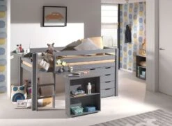 Chambre Enfant 4 Pièces Lit Bureau étagère Et Commode 4 Tiroirs Pin Massif Gris Pino 90x200 Cm