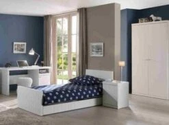 Chambre Enfant 4 Pièces Lit Chevet Bureau Et Armoire 2 Portes Bois Laqué Blanc Robin 90x200 Cm