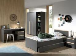 Chambre Enfant 4 Pièces Lit Chevet Bureau Et Armoire 3 Portes Bois Hêtre Gris Anthracite London 90x200 Cm
