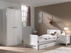 Chambre Enfant 4 Pièces Lit Gigogne Chevet Et Armoire 2 Portes Bois Laqué Blanc Lewis 90x200 Cm
