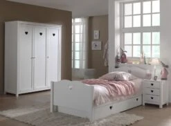 Chambre Enfant 4 Pièces Lit Gigogne Chevet Et Armoire 3 Portes Bois Laqué Blanc Cœur 90x200 Cm