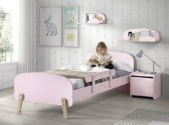 Chambre Enfant 5 Pièces Lit Rambarde Chevet Et 2 étagères Bois Laqué Rose Et Pin Clair Kiddy 90x200 Cm