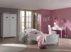 Chambre Enfant 5 Pièces Lit Sommier Chevet Bureau Et Armoire 2 Portes Bois Laqué Blanc Cœur 90x200 Cm