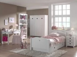 Chambre Enfant 5 Pièces Lit Sommier Chevet Bureau Et Armoire 3 Portes Bois Laqué Blanc Cœur 90x200 Cm