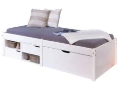 Lit 3 Tiroirs 2 Niches Pin Massif Blanc Mura 90x200 Cm