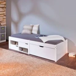 Lit 3 Tiroirs 2 Niches Pin Massif Blanc Mura 90x200 Cm -Lexibook Magasin lit 3 tiroirs 2 niches pin massif blanc farum 4010340291507 402407