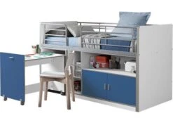 Lit Combiné 90x200 Cm Avec Sommier 1 Bureau 2 Portes Bois Blanc Et Bleu Bonny
