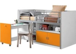 Lit Combiné 90x200 Cm Avec Sommier 1 Bureau 2 Portes Bois Blanc Et Orange Bonny