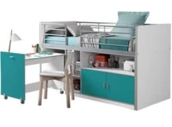 Lit Combiné 90x200 Cm Avec Sommier 1 Bureau 2 Portes Bois Blanc Et Turquoise Bonny