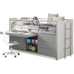 Lit Combiné 90x200 Cm Avec Sommier 1 Bureau 3 Tiroirs Bois Blanc Et Gris Bonny -Lexibook Magasin lit combine 90x200 cm avec sommier 1 bureau 3 tiroirs bois blanc et gris bonny 5420070216364 692757