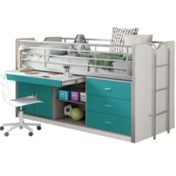 Lit Combiné 90x200 Cm Avec Sommier 1 Bureau 3 Tiroirs Bois Blanc Et Turquoise Bonny -Lexibook Magasin lit combine 90x200 cm avec sommier 1 bureau 3 tiroirs bois blanc et turquoise bonny 5420070216449 692776