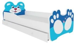 Lit Enfant Avec Motif Petit Lion Bleu 70x140 Ou 80x160 Cm - Matelas Inclus - Tiroir De Rangement
