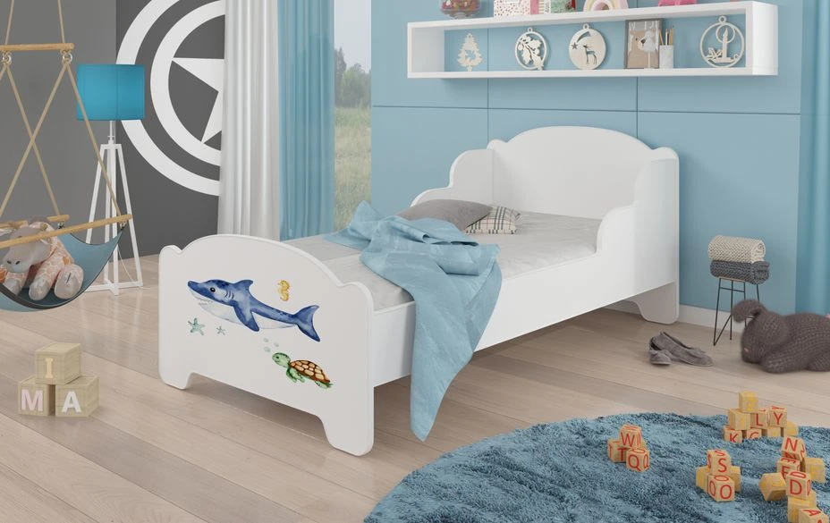 Lit Enfant Bois Blanc Impression Petit Requin 70x140 Ou 80x160 Cm - Sommier Et Matelas Inclus - Madale 4 Lit Enfant Bois Blanc Impression Petit Requin 70x140 Ou 80x160 Cm - Sommier Et Matelas Inclus - Madale – Image 2