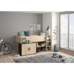 Lit Enfant Mi-hauteur Avec Rangement - Décor Chene Blond Et Noir - Sommier Inclus - 90 X 200 Cm - ARZ -Lexibook Magasin lit enfant mi hauteur avec rangement decor chene blond et noir sommier inclus 90 x 200 cm arz 3483600970763 591987