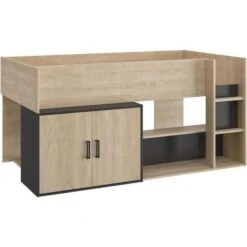 Lit Enfant Mi-hauteur Avec Rangement - Décor Chene Blond Et Noir - Sommier Inclus - 90 X 200 Cm - ARZ -Lexibook Magasin lit enfant mi hauteur avec rangement decor chene blond et noir sommier inclus 90 x 200 cm arz 3483600970763 591988