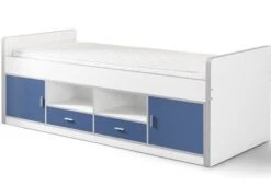 Lit Enfant Multi-rangement 90x200 Cm Bois Blanc Et Bleu Bonny