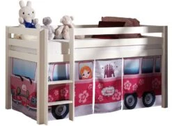 Lit Mezzanine 90x200 Cm Avec Tente Bus Princesse Pin Massif Blanc Pino