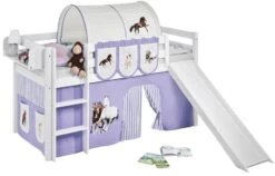 Lit Mezzanine Blanc Avec Toboggan Et Rideau Beige Et Parme Chevaux 90x190 Cm