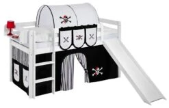 Lit Mezzanine Blanc Avec Toboggan Et Rideau Noir Pirate 90x190 Cm