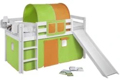 Lit Mezzanine Blanc Avec Toboggan Et Rideau Vert Et Orange Milo 90x190 Cm