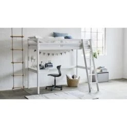 Lit Mezzanine Combiné - Bois Massif - Blanc Laqué - Sommier A Lattes Inclus - 90 X 200 Cm