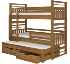 Lit Superposé 3 Couchages Avec 2 Tiroirs De Rangement Bois Oak 90x200 Cm Niko