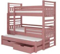 Lit Superposé 3 Couchages Avec 2 Tiroirs De Rangement Rose 90x200 Cm Niko