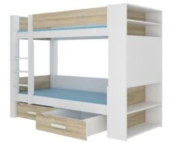 Lit Superposé Blanc Et Bois Sonoma 2 Couchages 90x200 Cm Avec Rangement Mila