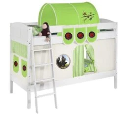 Lit Superposé Blanc Laqué Et Rideau Dragon Vert 90x200 Cm