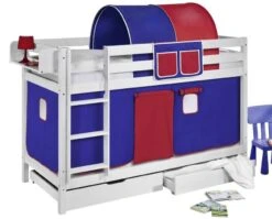 Lit Superposé Blanc Laqué Rideaux Bleu Et Rouge 90x190cm