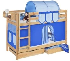 Lit Superposés Pin Massif Et Rideau Bleu