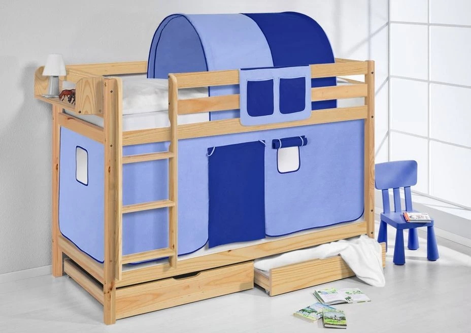 Lit Superposés Pin Massif Naturel Et Rideau Bleu 6 Lit Superposés Pin Massif Naturel Et Rideau Bleu – Image 4