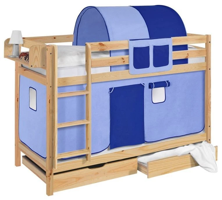 Lit Superposés Pin Massif Naturel Et Rideau Bleu 3 Lit Superposés Pin Massif Naturel Et Rideau Bleu