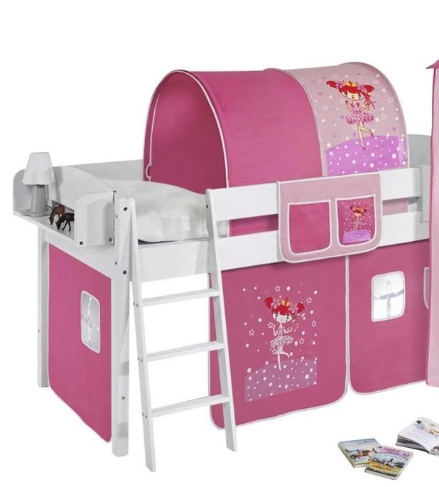 Lit Surélevé Blanc Laqué Rideau Pirate Bleu 90x190cm 6 Lit Surélevé Blanc Laqué Rideau Pirate Bleu 90x190cm – Image 4