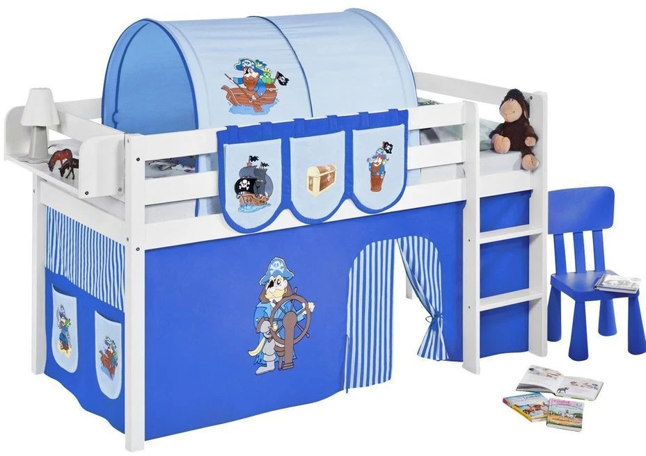 Lit Surélevé Blanc Laqué Rideau Pirate Bleu 90x190cm 3 Lit Surélevé Blanc Laqué Rideau Pirate Bleu 90x190cm