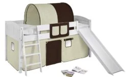 Lit Surélevé Blanc Laqué Toboggan IDA - Rideau Beige Et Marron