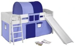 Lit Surélevé Blanc Laqué Toboggan IDA - Rideau Bleu Et Bleu Foncé