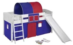 Lit Surélevé Blanc Laqué Toboggan IDA - Rideau Bleu Et Rouge